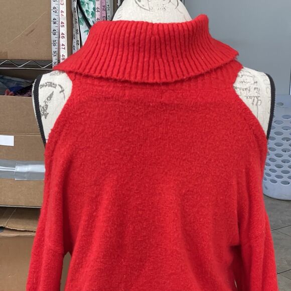 Honey Belle Women's Sweater Sz Small Off Shoulder Cut Out Turtleneck Red Ribbed - Picture 4 of 16